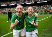 23 September 2023; Louise Quinn, left, and Lucy Quinn of Republic of Ireland celebrate after the UEFA Women's Nations League B1 match between Republic of Ireland and Northern Ireland at Aviva Stadium in Dublin. Photo by Stephen McCarthy/Sportsfile