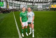 23 September 2023; Lucy Quinn of Republic of Ireland and Rebecca Holloway of Northern Ireland after the UEFA Women's Nations League B1 match between Republic of Ireland and Northern Ireland at Aviva Stadium in Dublin. Photo by Stephen McCarthy/Sportsfile