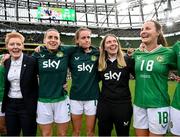 23 September 2023; Republic of Ireland interim head coach Eileen Gleeson, left, with, from left, Chloe Mustaki, Heather Payne, equipment manager Orla Haran and Kyra Carusa after the UEFA Women's Nations League B1 match between Republic of Ireland and Northern Ireland at Aviva Stadium in Dublin. Photo by Stephen McCarthy/Sportsfile
