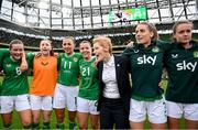 23 September 2023; Republic of Ireland interim head coach Eileen Gleeson with players, from left, Tyler Toland, Lucy Quinn, Katie McCabe, Emily Whelan, Chloe Mustaki and Heather Payne after the UEFA Women's Nations League B1 match between Republic of Ireland and Northern Ireland at Aviva Stadium in Dublin. Photo by Stephen McCarthy/Sportsfile