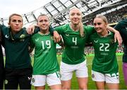 23 September 2023; Republic of Ireland players, from left, Savannah McCarthy, Abbie Larkin, Louise Quinn and Izzy Atkinson after the UEFA Women's Nations League B1 match between Republic of Ireland and Northern Ireland at Aviva Stadium in Dublin. Photo by Stephen McCarthy/Sportsfile