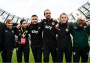 23 September 2023; Republic of Ireland staff, from left, Dr Siobhan Forman, team doctor; physiotherapist Susie Coffey, goalkeeping coach Richie Fitzgibbon, performance analyst Andy Holt, masseuse Hannah Tobin Jones and Savannah McCarthy after the UEFA Women's Nations League B1 match between Republic of Ireland and Northern Ireland at Aviva Stadium in Dublin. Photo by Stephen McCarthy/Sportsfile