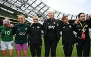 23 September 2023; Republic of Ireland players and staff, from left, Denise O'Sullivan, Grace Moloney, STATSports analyst Claire Dunne, assistant coach Emma Byrne, Dr Siobhan Forman, team doctor; and physiotherapist Susie Coffey after the UEFA Women's Nations League B1 match between Republic of Ireland and Northern Ireland at Aviva Stadium in Dublin. Photo by Stephen McCarthy/Sportsfile