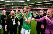 23 September 2023; Caitlin Hayes after being presented with her first Republic of Ireland cap after the UEFA Women's Nations League B1 match between Republic of Ireland and Northern Ireland at Aviva Stadium in Dublin. Photo by Stephen McCarthy/Sportsfile