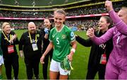 23 September 2023; Caitlin Hayes after being presented with her first Republic of Ireland cap after the UEFA Women's Nations League B1 match between Republic of Ireland and Northern Ireland at Aviva Stadium in Dublin. Photo by Stephen McCarthy/Sportsfile