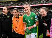 23 September 2023; Caitlin Hayes after being presented with her first Republic of Ireland cap after the UEFA Women's Nations League B1 match between Republic of Ireland and Northern Ireland at Aviva Stadium in Dublin. Photo by Stephen McCarthy/Sportsfile