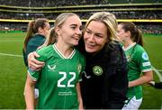23 September 2023; Republic of Ireland interim assistant coach Emma Byrne and Izzy Atkinson after the UEFA Women's Nations League B1 match between Republic of Ireland and Northern Ireland at Aviva Stadium in Dublin. Photo by Stephen McCarthy/Sportsfile