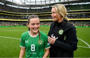 23 September 2023; Republic of Ireland interim assistant coach Emma Byrne and Tyler Toland after the UEFA Women's Nations League B1 match between Republic of Ireland and Northern Ireland at Aviva Stadium in Dublin. Photo by Stephen McCarthy/Sportsfile