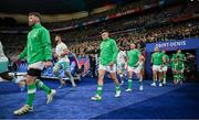 23 September 2023; Ireland players, from left, Peter O’Mahony, Dan Sheehan and Dave Kilcoyne walk out before the 2023 Rugby World Cup Pool B match between South Africa and Ireland at Stade de France in Paris, France. Photo by Brendan Moran/Sportsfile