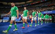 23 September 2023; Ireland players, from left, Rónan Kelleher, James Lowe, Josh van der Flier, Tadhg Beirne and Dan Sheehan walk out before the 2023 Rugby World Cup Pool B match between South Africa and Ireland at Stade de France in Paris, France. Photo by Brendan Moran/Sportsfile