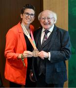 23 September 2023; FIFA Women's World Cup match official Michelle O'Neill with President of Ireland Michael D Higgins during the UEFA Women's Nations League B1 match between Republic of Ireland and Northern Ireland at Aviva Stadium in Dublin. Photo by Stephen McCarthy/Sportsfile
