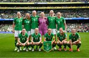 23 September 2023; The Republic of Ireland team, back row, from left, Diane Caldwell, Kyra Carusa, Caitlin Hayes, Courtney Brosnan, Louise Quinn and Megan Connolly, with, front row, Lucy Quinn, Denise O'Sullivan, Katie McCabe, Heather Payne and Tyler Toland before the UEFA Women's Nations League B1 match between Republic of Ireland and Northern Ireland at Aviva Stadium in Dublin. Photo by Stephen McCarthy/Sportsfile