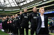 23 September 2023; Republic of Ireland interim head coach Eileen Gleeson and coaches, from right, Colin Healy, Richie Fitzgibbon and Emma Byrne before the UEFA Women's Nations League B1 match between Republic of Ireland and Northern Ireland at Aviva Stadium in Dublin. Photo by Stephen McCarthy/Sportsfile