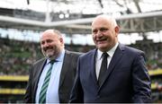23 September 2023; FAI president Gerry McAnaney and Irish FA president Conrad Kirkwood, left, before the UEFA Women's Nations League B1 match between Republic of Ireland and Northern Ireland at Aviva Stadium in Dublin. Photo by Stephen McCarthy/Sportsfile