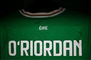 23 September 2023; A detailed view of the jersey belong to Claire O'Riordan of Republic of Ireland in their dressing room before the UEFA Women's Nations League B1 match between Republic of Ireland and Northern Ireland at Aviva Stadium in Dublin. Photo by Stephen McCarthy/Sportsfile