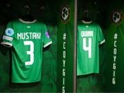 23 September 2023; The jersey of Chloe Mustaki and Louise Quinn hang in the Republic of Ireland dressing room before the UEFA Women's Nations League B1 match between Republic of Ireland and Northern Ireland at Aviva Stadium in Dublin. Photo by Stephen McCarthy/Sportsfile