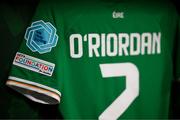 23 September 2023; A detailed view of UEFA Foundation and We Play Strong badges on the jersey of Claire O'Riordan of Republic of Ireland before the UEFA Women's Nations League B1 match between Republic of Ireland and Northern Ireland at Aviva Stadium in Dublin. Photo by Stephen McCarthy/Sportsfile