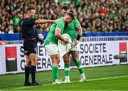 23 September 2023; Andrew Porter of Ireland speaks to teammate Rónan Kelleher before throwing a lineout during the 2023 Rugby World Cup Pool B match between South Africa and Ireland at Stade de France in Paris, France. Photo by Harry Murphy/Sportsfile