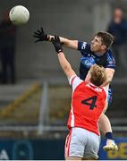24 September 2023; Liam Connerton of St Judes and Eoghan O'Callaghan of Cuala contest a high ball during the Dublin Senior Football Championship quarter-final match between St Judes and Cuala at Parnell Park in Dublin. Photo by Tyler Miller/Sportsfile
