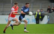 24 September 2023; Daragh Kavanagh of St Judes in action against Niall James of Cuala during the Dublin Senior Football Championship quarter-final match between St Judes and Cuala at Parnell Park in Dublin. Photo by Tyler Miller/Sportsfile