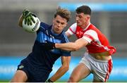 24 September 2023; Darragh Rooney of St Judes in action against Cillian Dunne of Cuala during the Dublin Senior Football Championship quarter-final match between St Judes and Cuala at Parnell Park in Dublin. Photo by Tyler Miller/Sportsfile