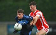 24 September 2023; Sean Kirwan of St Judes in action against Cillian Dunne of Cuala during the Dublin Senior Football Championship quarter-final match between St Judes and Cuala at Parnell Park in Dublin. Photo by Tyler Miller/Sportsfile