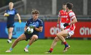 24 September 2023; Darragh Rooney of St Judes in action against Michael Fitzsimons of Cuala during the Dublin Senior Football Championship quarter-final match between St Judes and Cuala at Parnell Park in Dublin. Photo by Tyler Miller/Sportsfile