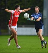 24 September 2023; Ciaran Fitzpatrick of St Judes in action against Peter Duffy of Cuala during the Dublin Senior Football Championship quarter-final match between St Judes and Cuala at Parnell Park in Dublin. Photo by Tyler Miller/Sportsfile