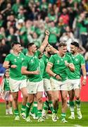 23 September 2023; Ireland players, from left, Dan Sheehan, Jonathan Sexton, Josh van der Flier and Conor Murray after their side's victory in the 2023 Rugby World Cup Pool B match between South Africa and Ireland at Stade de France in Paris, France. Photo by Harry Murphy/Sportsfile