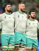 23 September 2023; Jean Kleyn, left, RG Snyman and Marco van Staden of South Africa during the national anthems before the national anthems before the 2023 Rugby World Cup Pool B match between South Africa and Ireland at Stade de France in Paris, France. Photo by Brendan Moran/Sportsfile