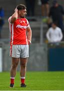 24 September 2023; Mark Tracey of Cuala reacts after his side's defeat in the Dublin Senior Football Championship quarter-final match between St Judes and Cuala at Parnell Park in Dublin. Photo by Tyler Miller/Sportsfile