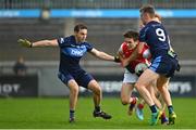 24 September 2023; Michael Fitzsimons of Cuala in action against Tom Lahiff of St Judes, right, and Chris Guckian during the Dublin Senior Football Championship quarter-final match between St Judes and Cuala at Parnell Park in Dublin. Photo by Tyler Miller/Sportsfile