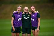 24 September 2023; Players, from left, Claire O'Riordan, Amber Barrett and Haley Nolan during a Republic of Ireland women training session at MTK Budapest Training Ground in Budapest, Hungary. Photo by Stephen McCarthy/Sportsfile
