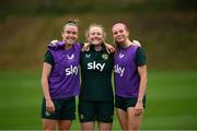 24 September 2023; Players, from left, Claire O'Riordan, Amber Barrett and Hayley Nolan during a Republic of Ireland women training session at MTK Budapest Training Ground in Budapest, Hungary. Photo by Stephen McCarthy/Sportsfile