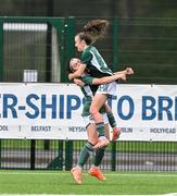 24 September 2023; Keri Halliday of Northern Ireland celebrates with teammates Katie McCann, left. after scoring their side's first goal during the Women's U19 international friendly match between Northern Ireland and Republic of Ireland at Blanchflower Stadium in Belfast. Photo by Ben McShane/Sportsfile