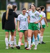 24 September 2023; Kate Thompson, right, and Meabh Russell of Republic of Ireland react after their defeat in the Women's U19 international friendly match between Northern Ireland and Republic of Ireland at Blanchflower Stadium in Belfast. Photo by Ben McShane/Sportsfile