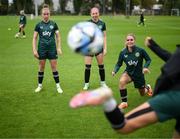 24 September 2023; Players, from left, Claire O'Riordan, Haley Nolan and Jamie Finn during a Republic of Ireland women training session at MTK Budapest Training Ground in Budapest, Hungary. Photo by Stephen McCarthy/Sportsfile