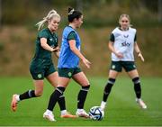 24 September 2023; Marissa Sheva and Lily Agg, left, during a Republic of Ireland women training session at MTK Budapest Training Ground in Budapest, Hungary. Photo by Stephen McCarthy/Sportsfile