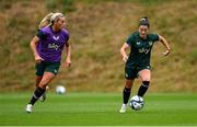 24 September 2023; Marissa Sheva and Savannah McCarthy, left, during a Republic of Ireland women training session at MTK Budapest Training Ground in Budapest, Hungary. Photo by Stephen McCarthy/Sportsfile