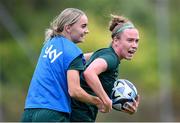 24 September 2023; Claire O'Riordan, right, and Izzy Atkinson during a Republic of Ireland women training session at MTK Budapest Training Ground in Budapest, Hungary. Photo by Stephen McCarthy/Sportsfile