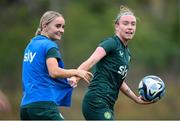 24 September 2023; Claire O'Riordan, right, and Izzy Atkinson during a Republic of Ireland women training session at MTK Budapest Training Ground in Budapest, Hungary. Photo by Stephen McCarthy/Sportsfile