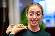 25 September 2023; Republic of Ireland's Megan Connolly with a bearded dragon at Zoo Café in Budapest, Hungary, during some down time ahead of their UEFA Women's Nations League B1 match against Hungary, on Tuesday. Photo by Stephen McCarthy/Sportsfile