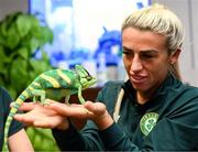 25 September 2023; Republic of Ireland's Savannah McCarthy with Flash, a chameleon, at Zoo Café in Budapest, Hungary, during some down time ahead of their UEFA Women's Nations League B1 match against Hungary, on Tuesday. Photo by Stephen McCarthy/Sportsfile