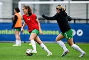 24 September 2023; Jodie Loughrey, left, and Lia O'Leary of Republic of Ireland before the Women's U19 international friendly match between Northern Ireland and Republic of Ireland at Blanchflower Stadium in Belfast. Photo by Ben McShane/Sportsfile