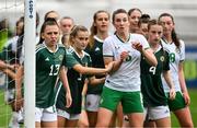 24 September 2023; Players of both side's, including Aoibhe O'Neill of Northern Ireland, 13, await the delivery of a corner during the Women's U19 international friendly match between Northern Ireland and Republic of Ireland at Blanchflower Stadium in Belfast. Photo by Ben McShane/Sportsfile