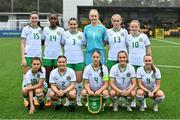 24 September 2023; The Republic of Ireland team, back row, from left, Aoife Kelly, Eve Dossen, Lia O'Leary, goalkeeper Katie Keane, Ceola Bergin and Freya Healy. Front row, from left, Jess Fitzgerald, Meabh Russell, captain Kate Thompson, Jodie Loughrey and Joy Ralph before the Women's U19 international friendly match between Northern Ireland and Republic of Ireland at Blanchflower Stadium in Belfast. Photo by Ben McShane/Sportsfile