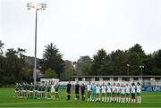 24 September 2023; Players and officials lineup before the Women's U19 international friendly match between Northern Ireland and Republic of Ireland at Blanchflower Stadium in Belfast. Photo by Ben McShane/Sportsfile
