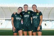 25 September 2023; Players, from left, Marissa Sheva, Éabha O'Mahony and Kyra Carusa during a Republic of Ireland women training session at Hidegkuti Nándor Stadium in Budapest, Hungary. Photo by Stephen McCarthy/Sportsfile