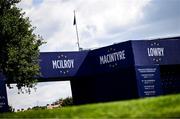 25 September 2023; A general view of the names of Europe players, Rory McIlroy, Robert MacIntyre and Shane Lowry on signage before the 2023 Ryder Cup at Marco Simone Golf and Country Club in Rome, Italy. Photo by Ramsey Cardy/Sportsfile