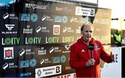 25 September 2023; Cork City sporting director Liam Buckley is interviewed by LOITV before the SSE Airtricity Men's Premier Division match between Dundalk and Cork City at Oriel Park in Dundalk, Louth. Photo by Ben McShane/Sportsfile